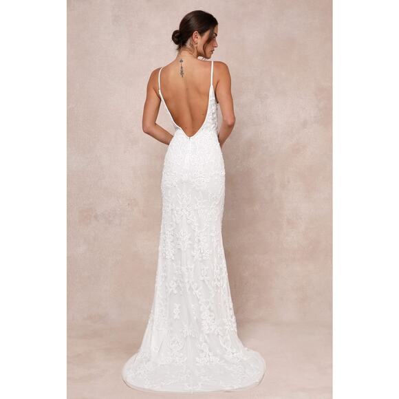 NWT Lulus Everlasting Passion White Sequin Beaded Backless Maxi Dress Bride Sz L - Picture 3 of 11